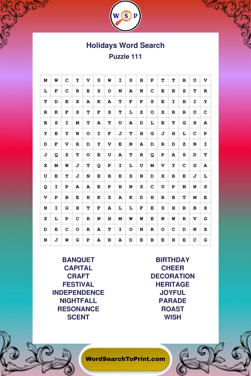 Holidays Word Search Puzzle 111