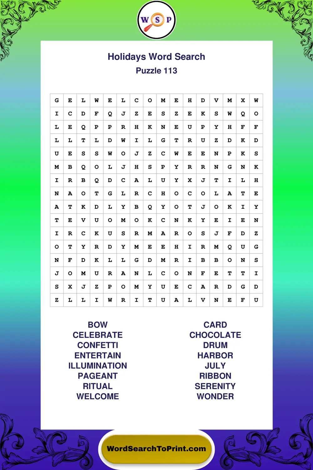 Holidays Word Search Puzzle 113