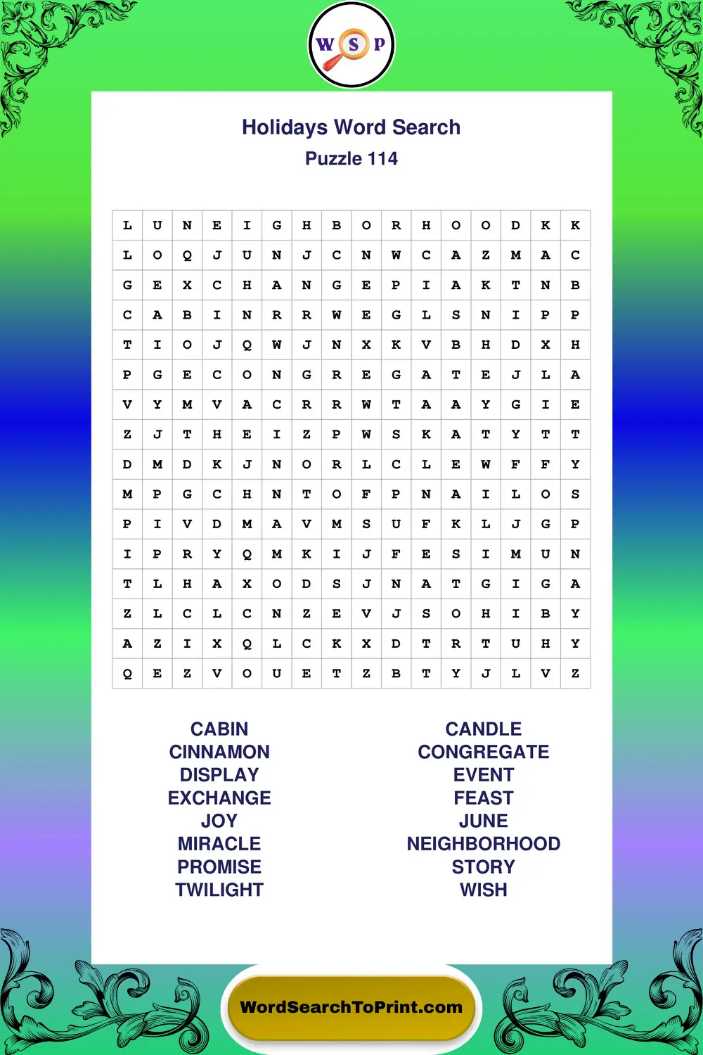 Holidays Word Search Puzzle 114