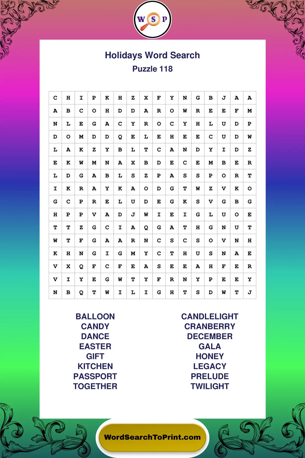 Holidays Word Search Puzzle 118