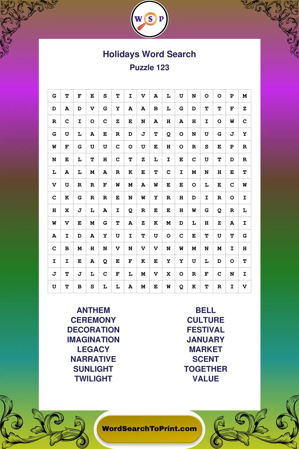 Holidays Word Search Puzzle 123