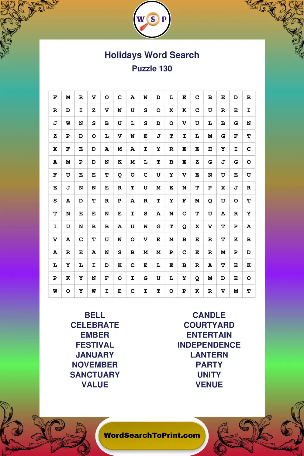 Holidays Word Search Puzzle 130
