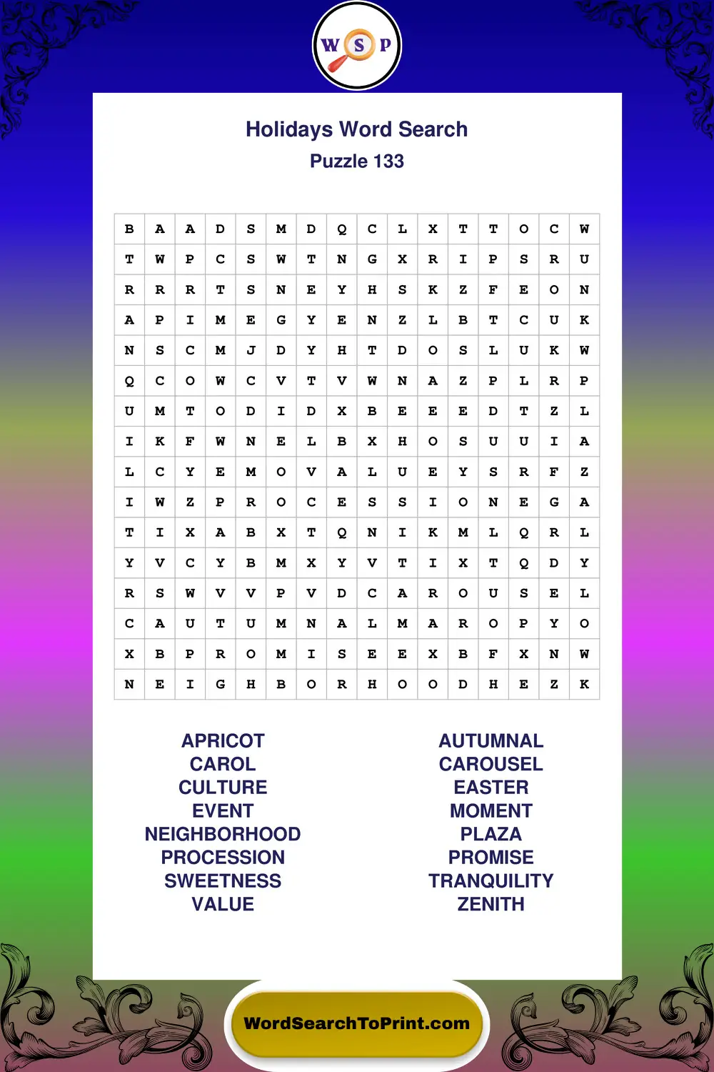 Holidays Word Search Puzzle 133