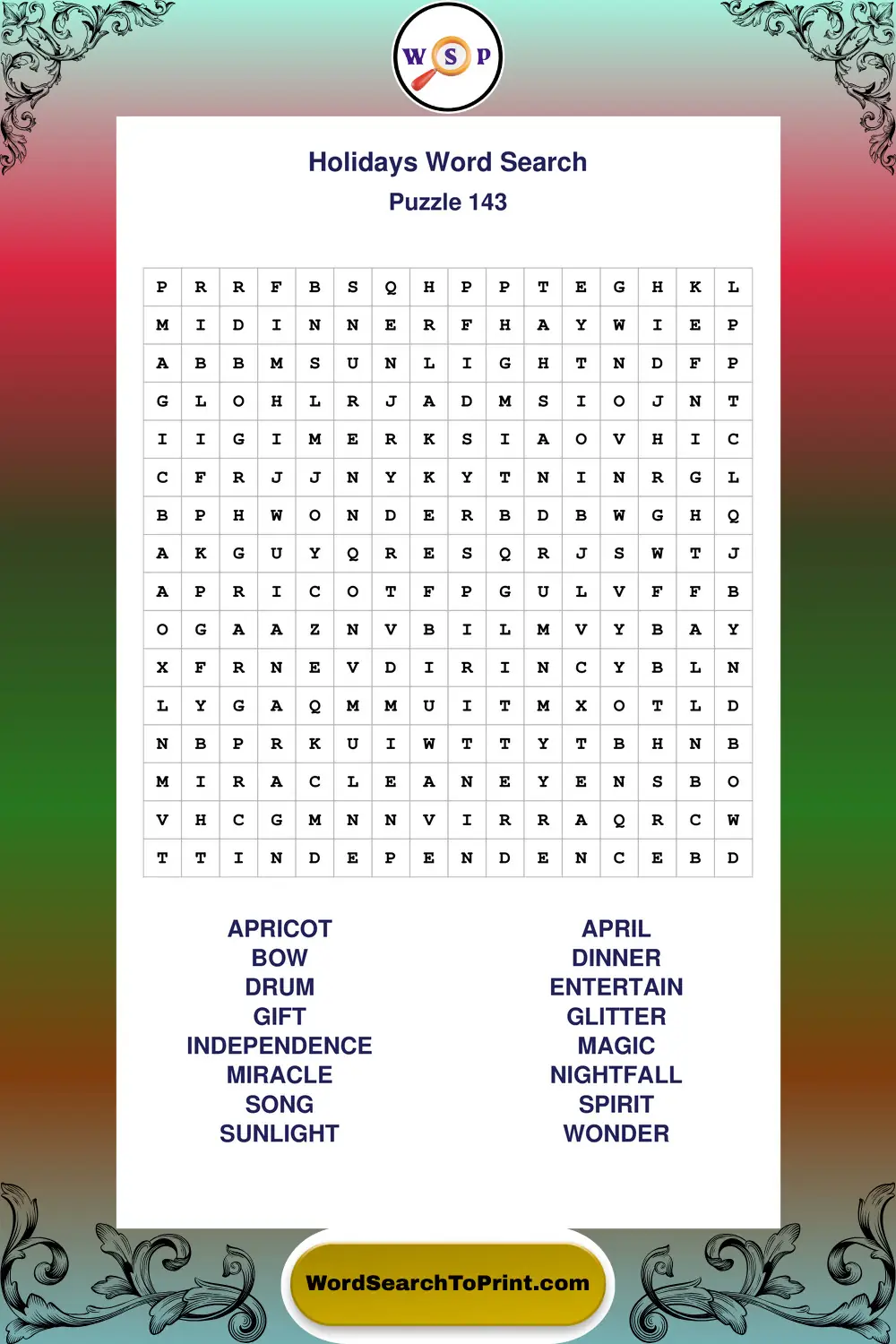 Holidays Word Search Puzzle 143