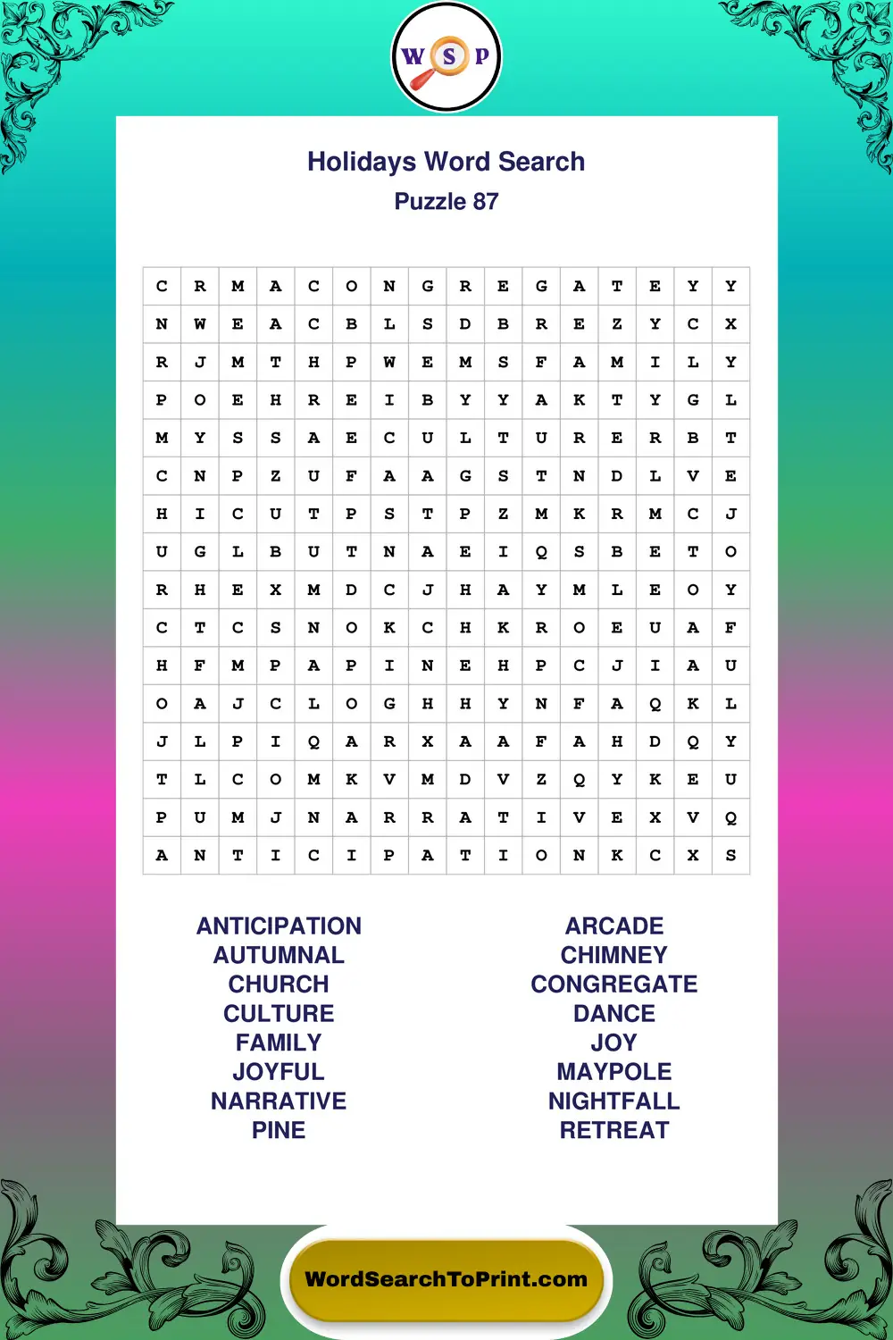 Holidays Word Search Puzzle 87