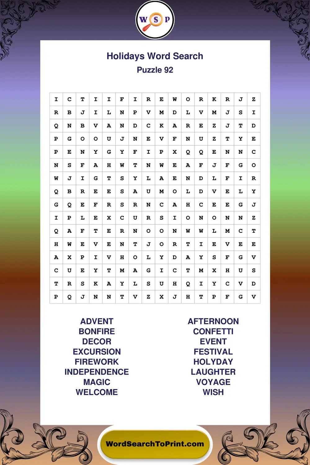 Holidays Word Search Puzzle 92