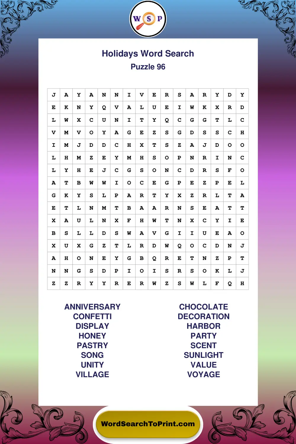 Holidays Word Search Puzzle 96