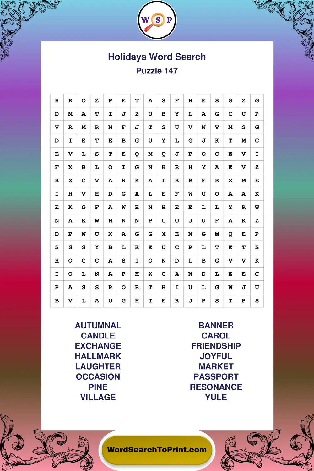 Holidays Word Search Puzzle 147