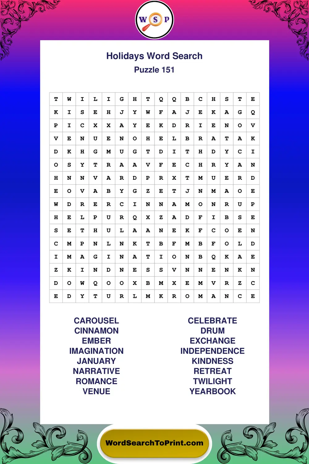 Holidays Word Search Puzzle 151