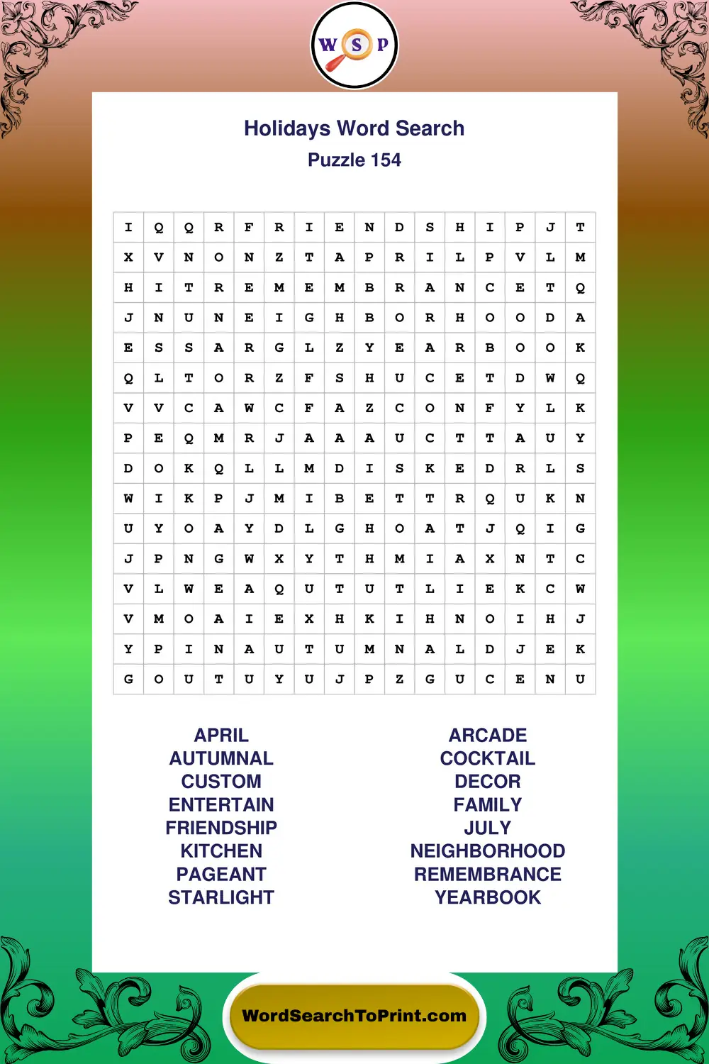 Holidays Word Search Puzzle 154