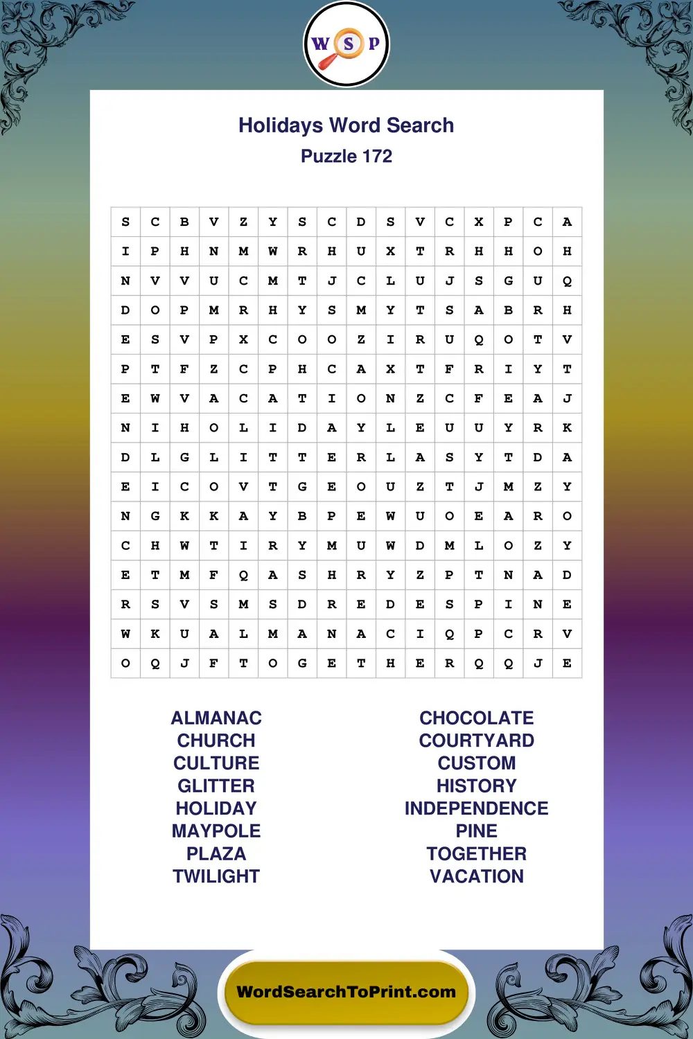 Holidays Word Search Puzzle 172