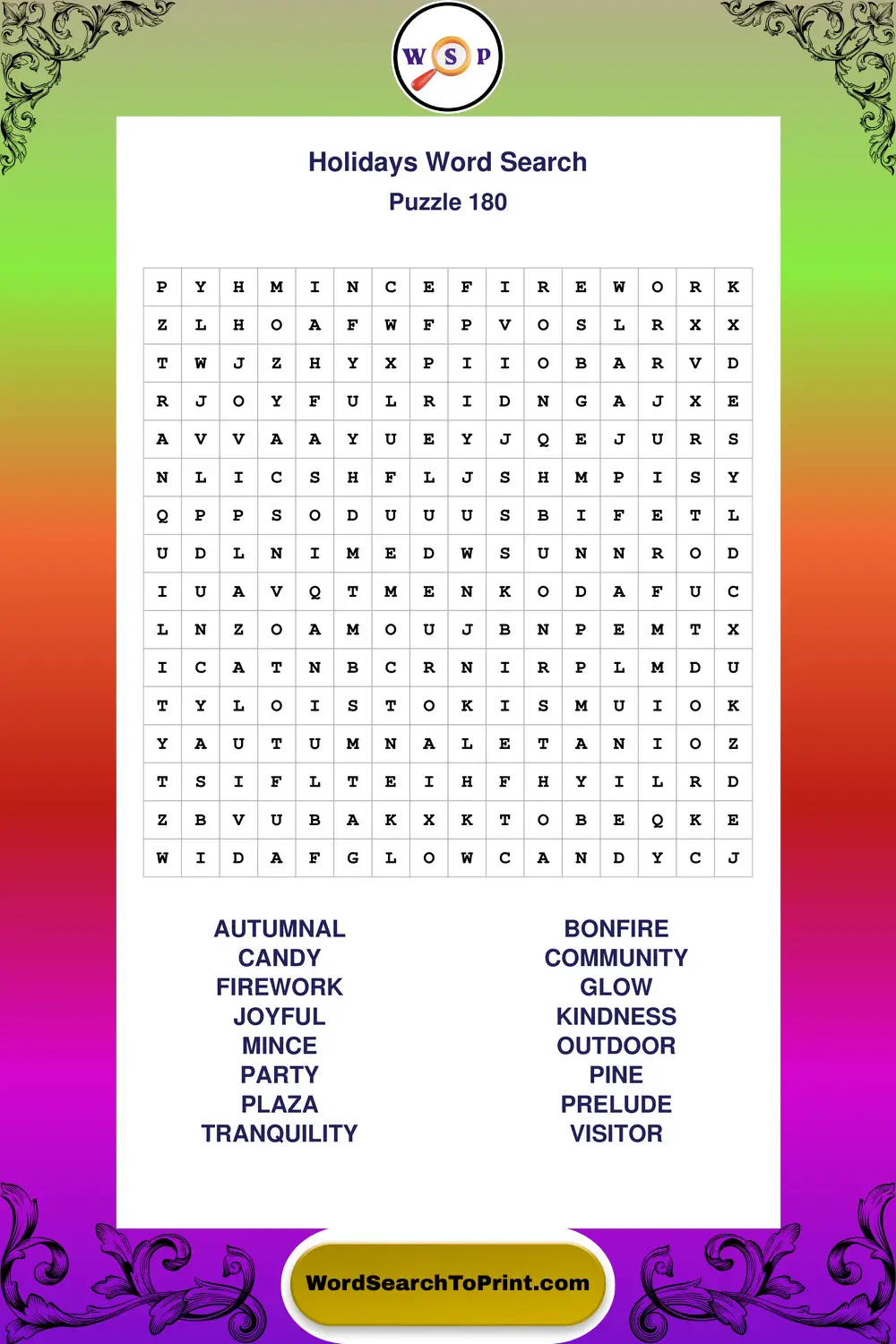 Holidays Word Search Puzzle 180