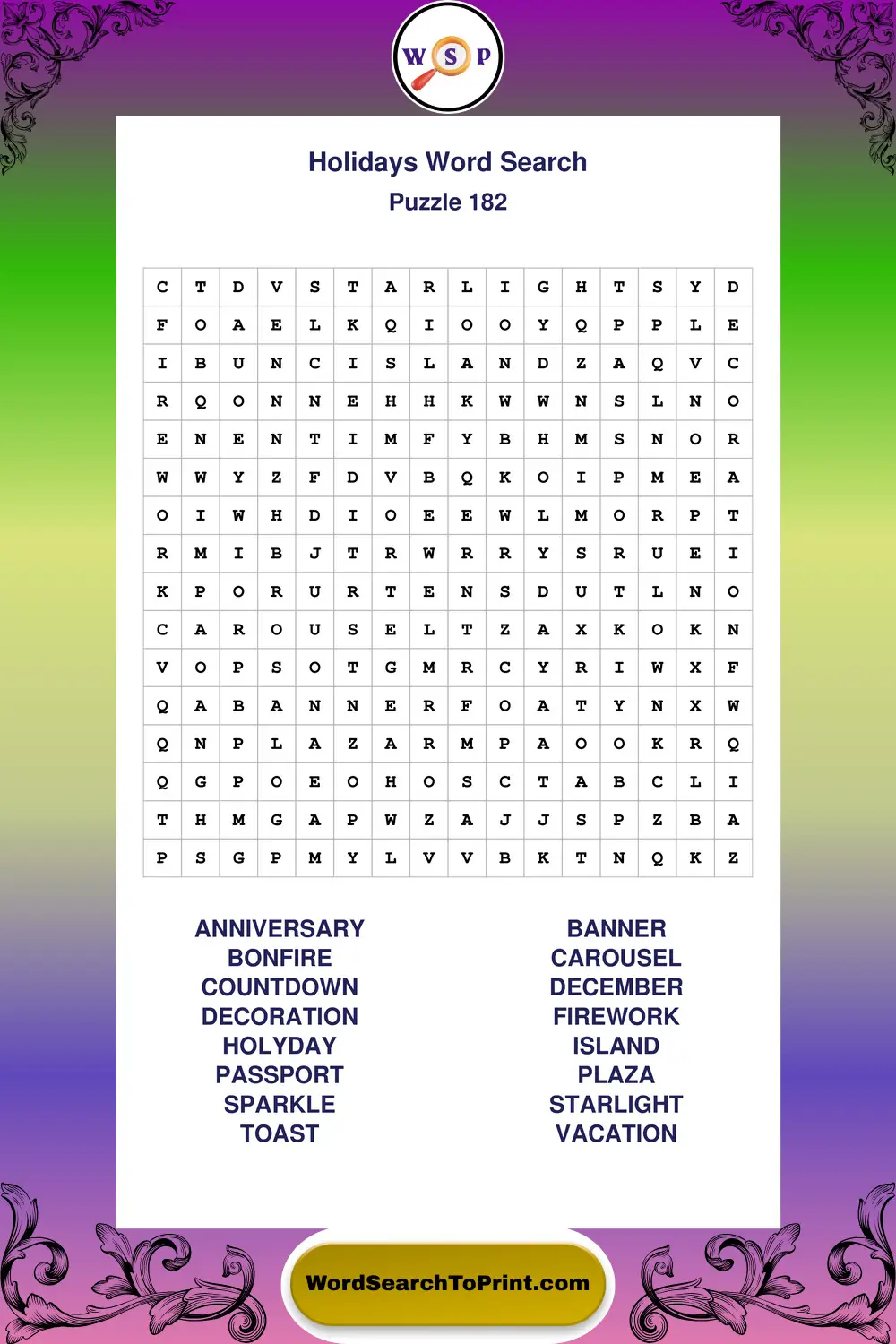 Holidays Word Search Puzzle 182