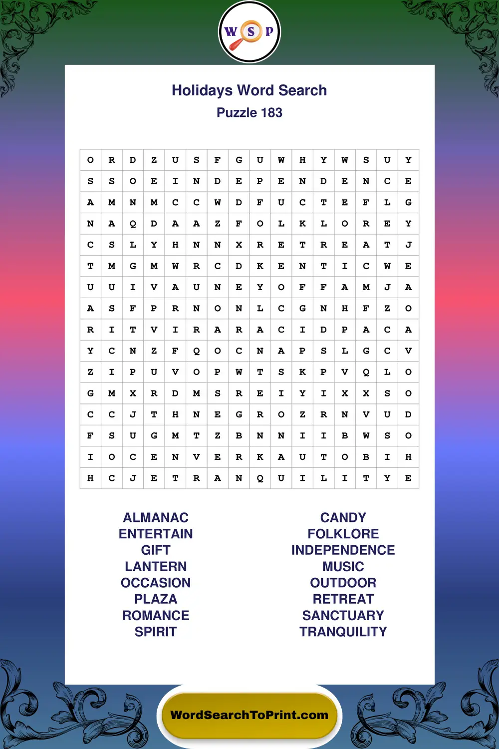 Holidays Word Search Puzzle 183