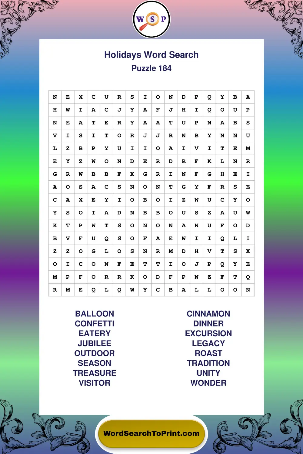 Holidays Word Search Puzzle 184