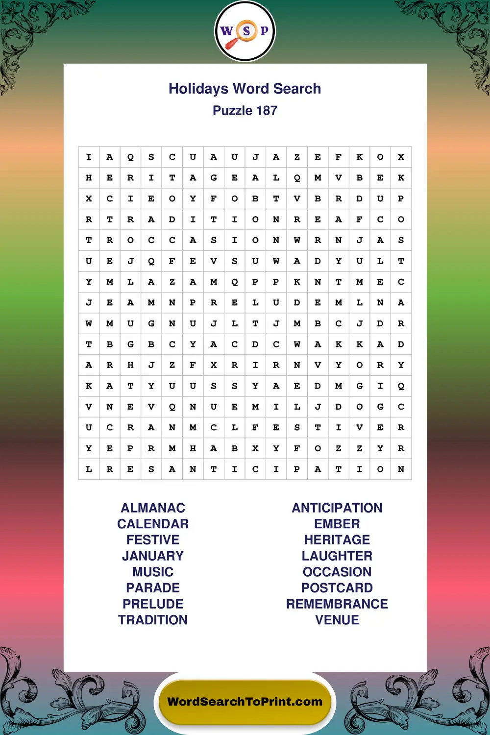 Holidays Word Search Puzzle 187