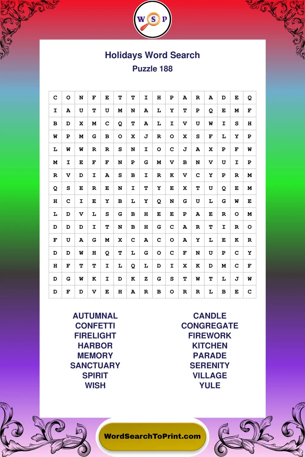 Holidays Word Search Puzzle 188