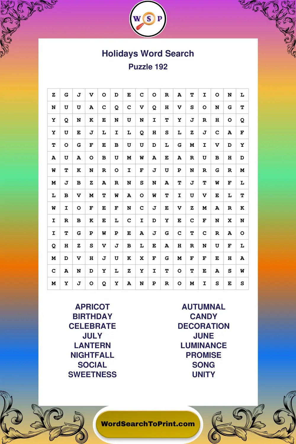 Holidays Word Search Puzzle 192