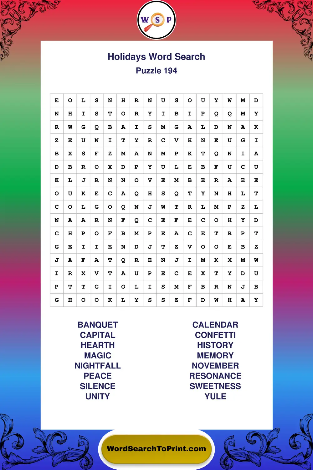 Holidays Word Search Puzzle 194
