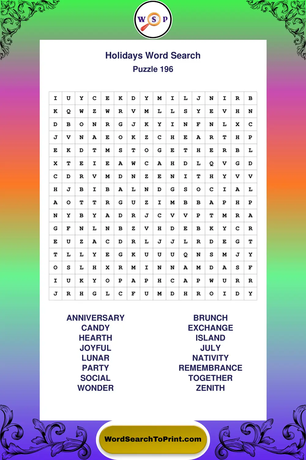Holidays Word Search Puzzle 196