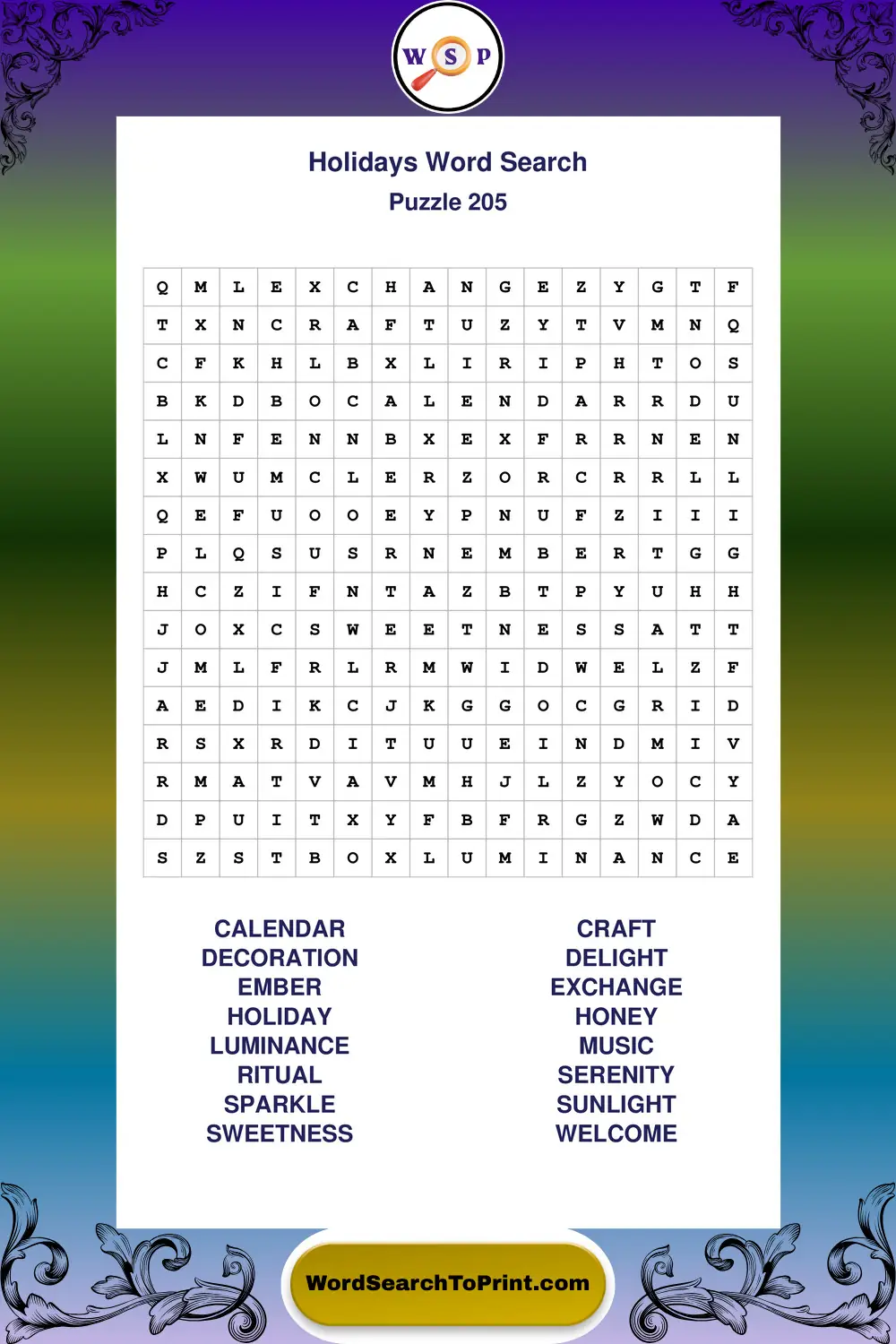 Holidays Word Search Puzzle 205