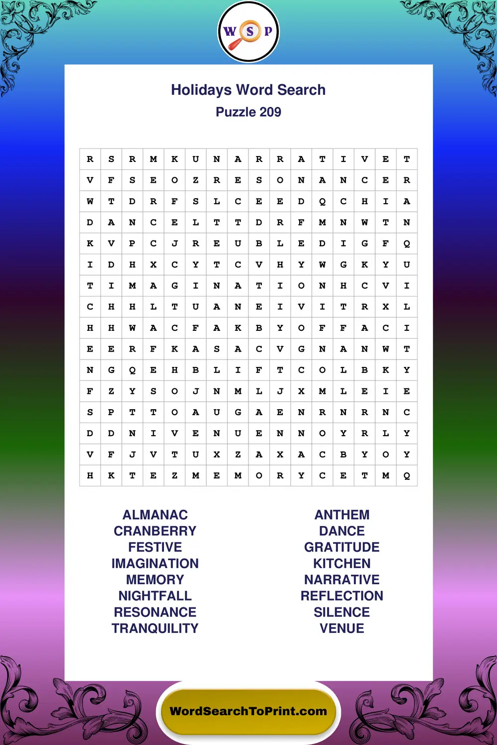 Holidays Word Search Puzzle 209