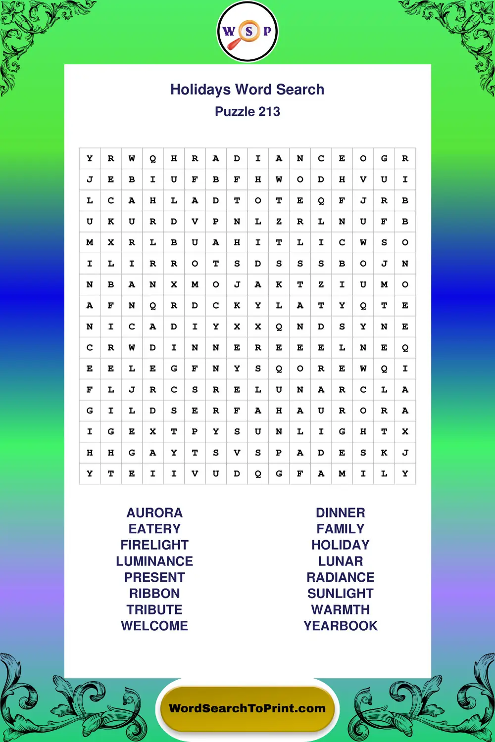 Holidays Word Search Puzzle 213