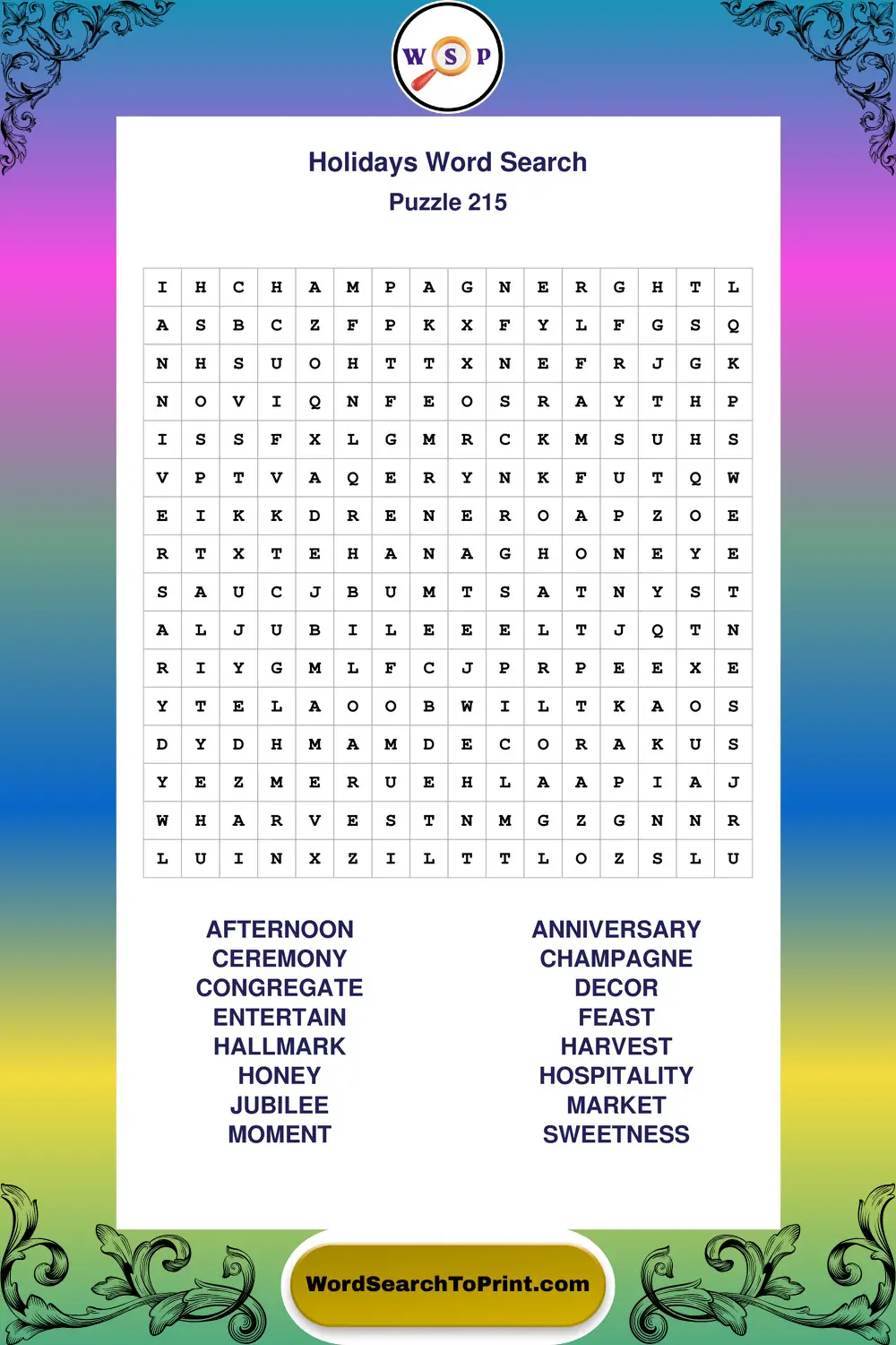 Holidays Word Search Puzzle 215