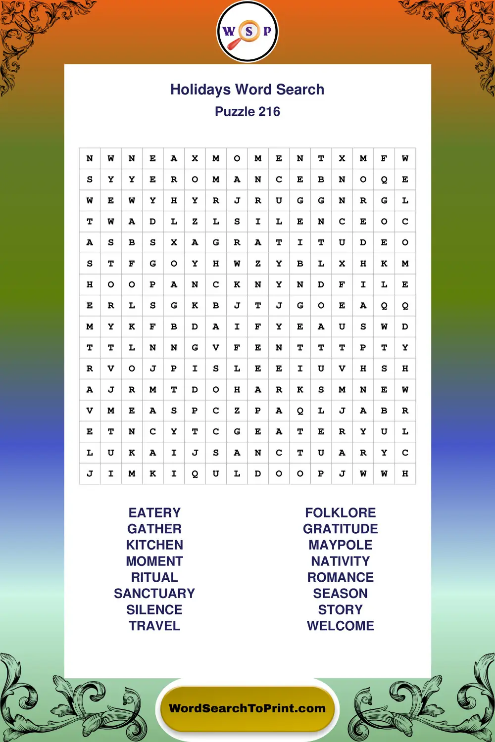 Holidays Word Search Puzzle 216