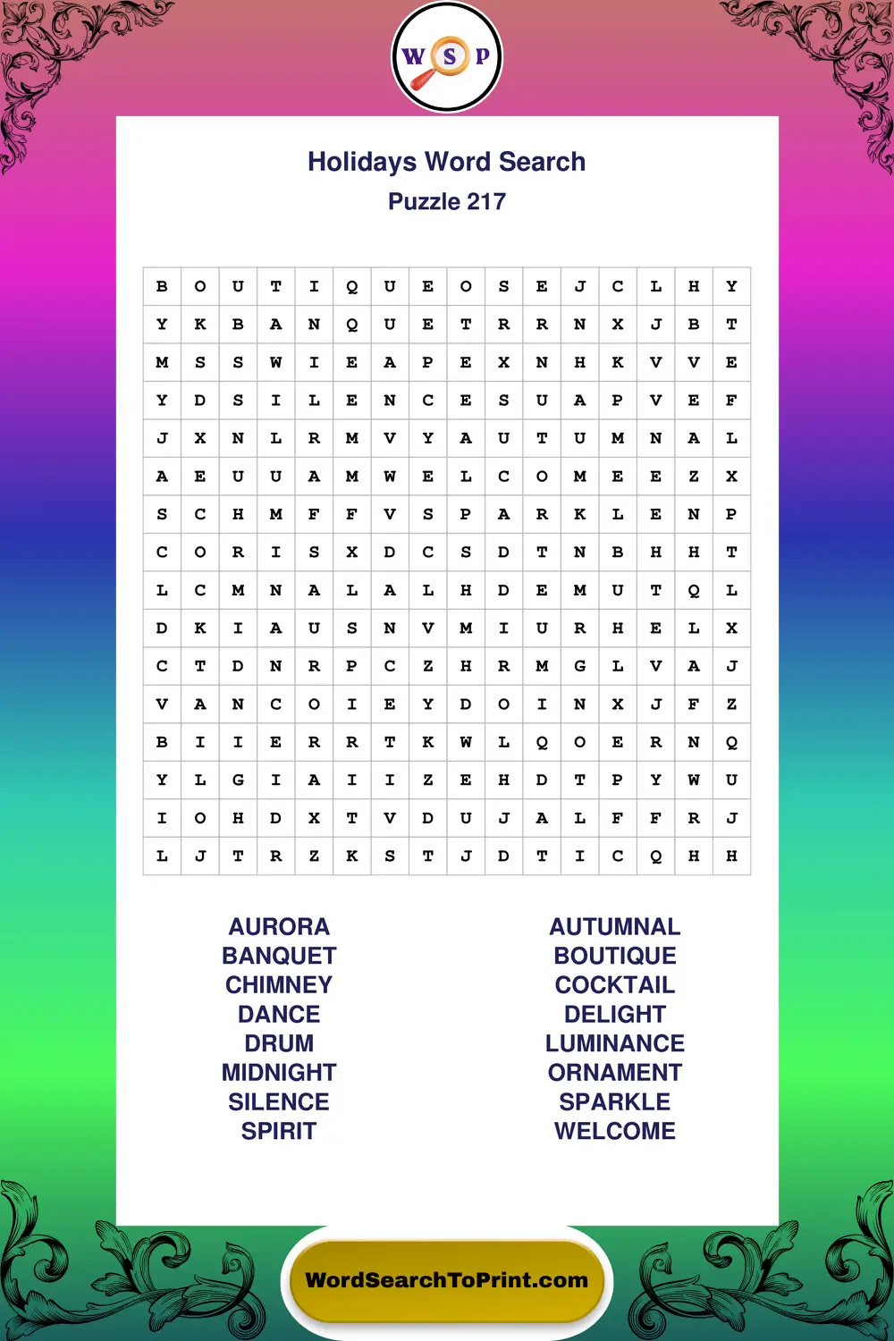 Holidays Word Search Puzzle 217