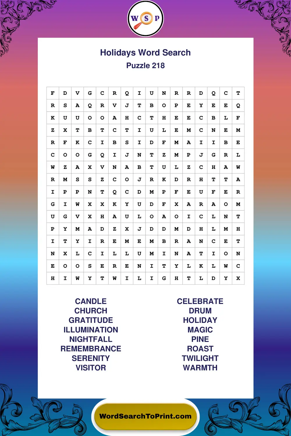 Holidays Word Search Puzzle 218