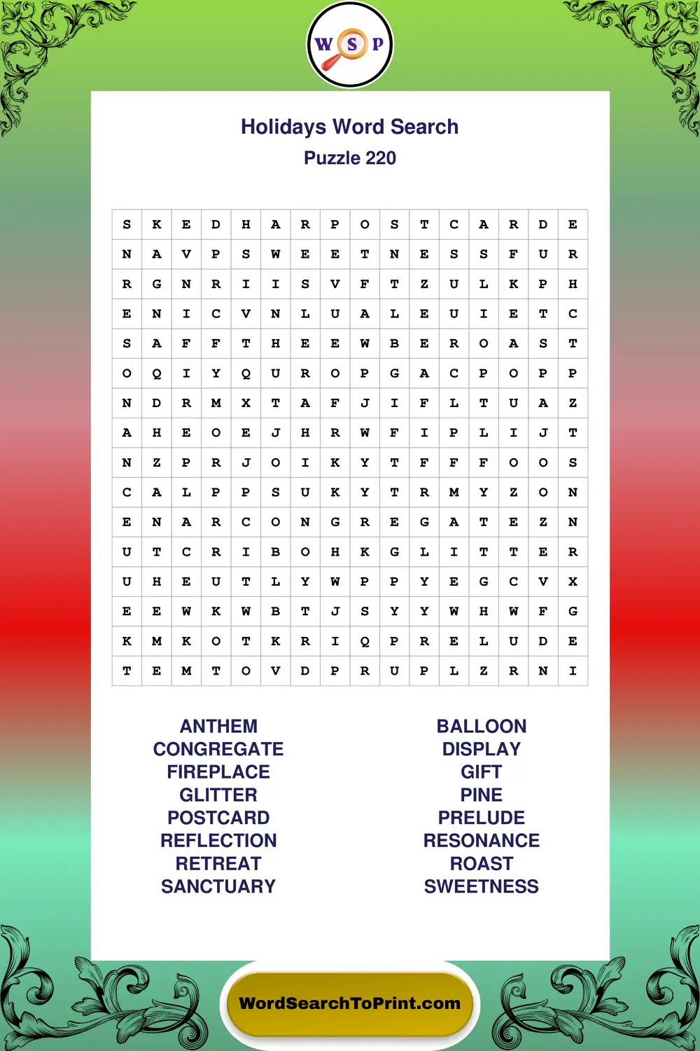 Holidays Word Search Puzzle 220