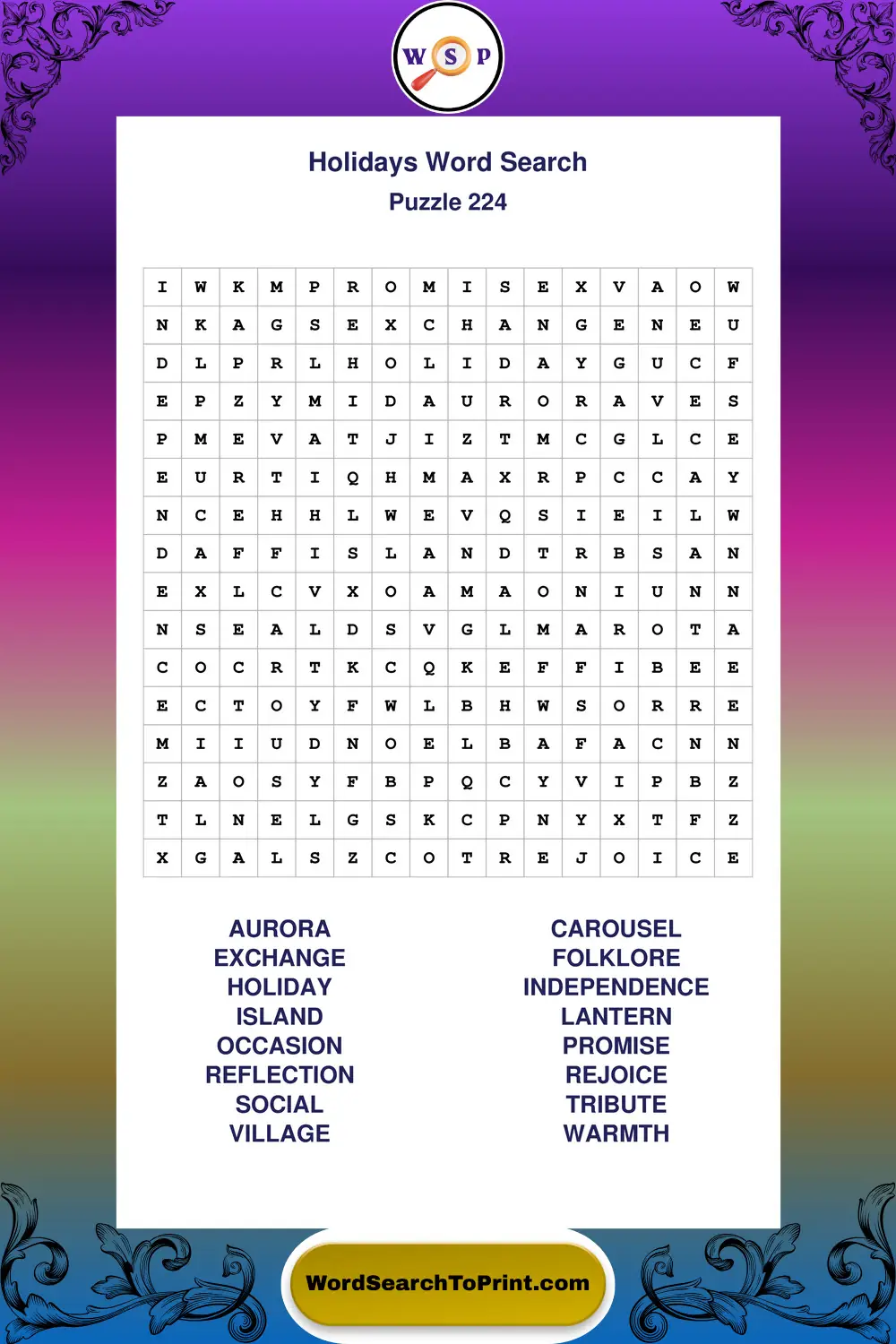 Holidays Word Search Puzzle 224
