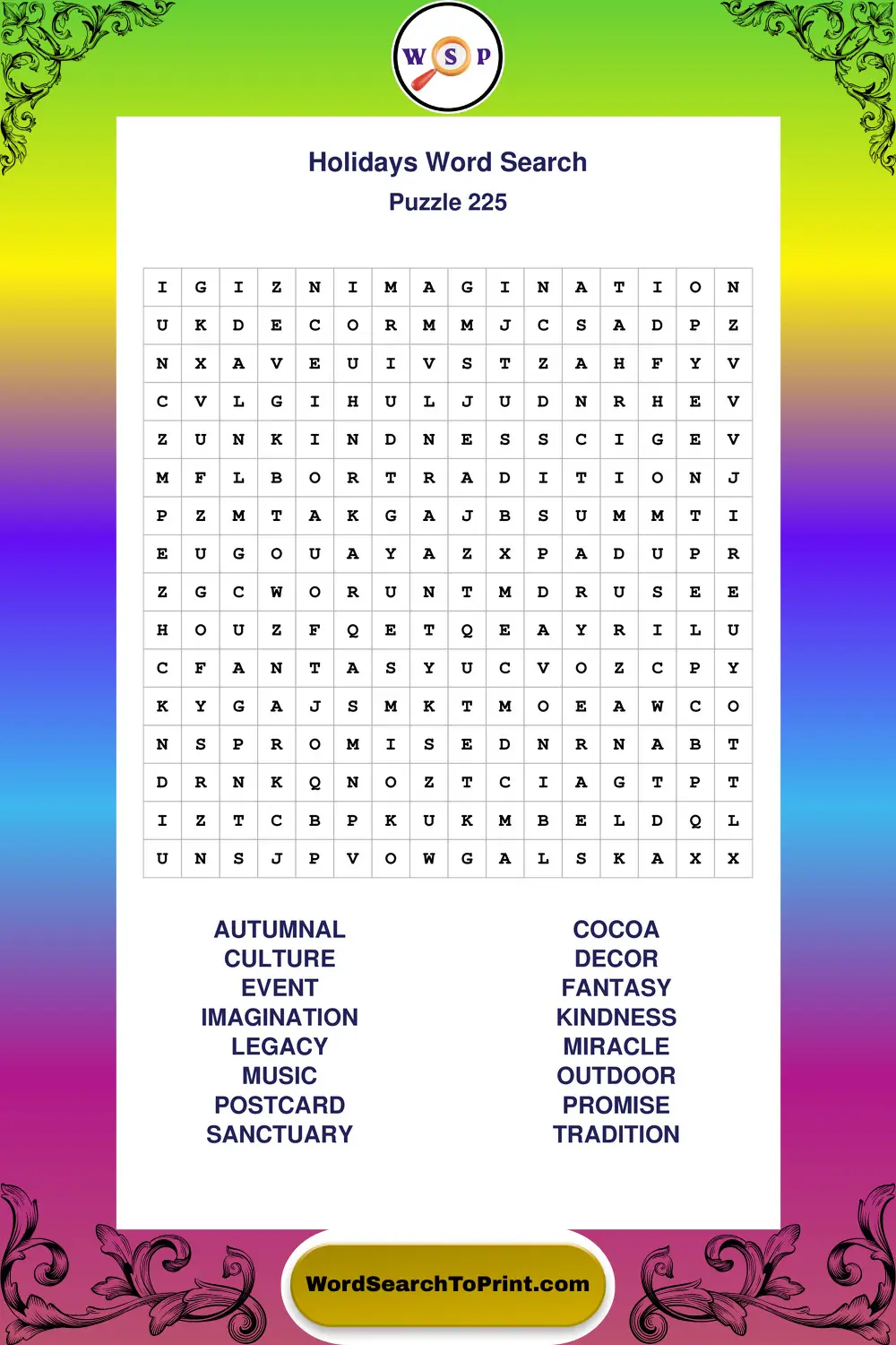 Holidays Word Search Puzzle 225