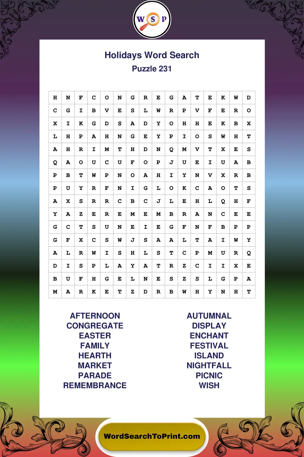 Holidays Word Search Puzzle 231