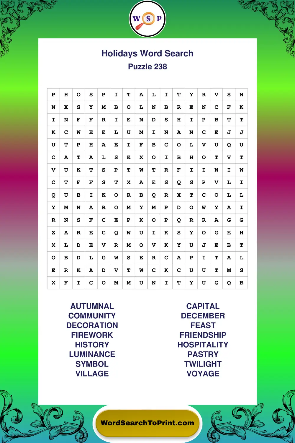 Holidays Word Search Puzzle 238