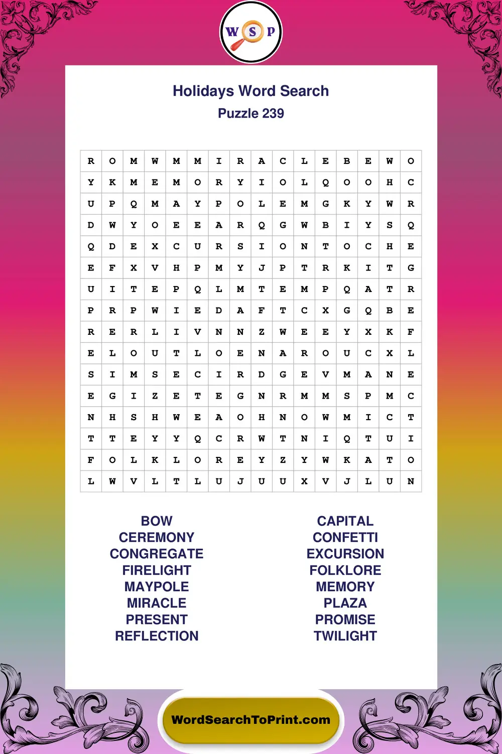 Holidays Word Search Puzzle 239