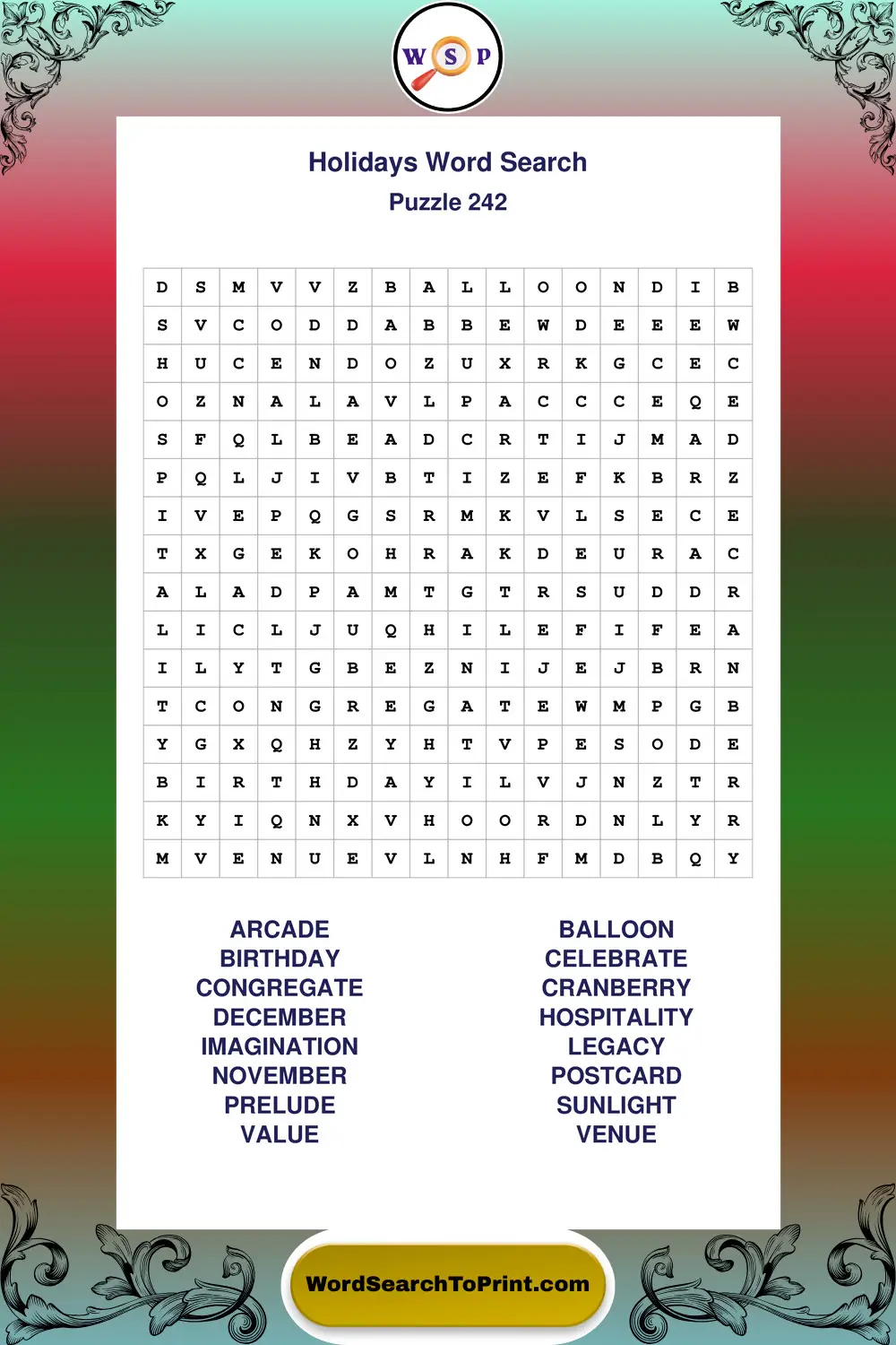 Holidays Word Search Puzzle 242