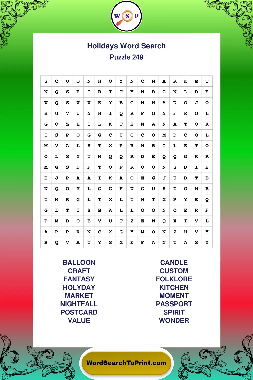 Holidays Word Search Puzzle 249