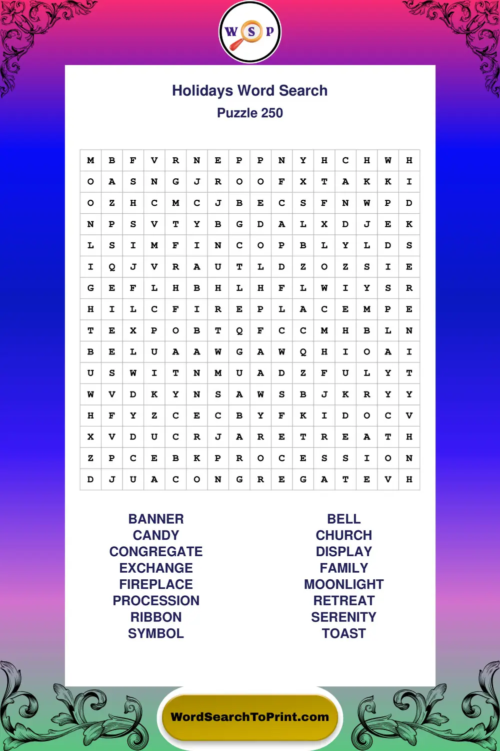 Holidays Word Search Puzzle 250