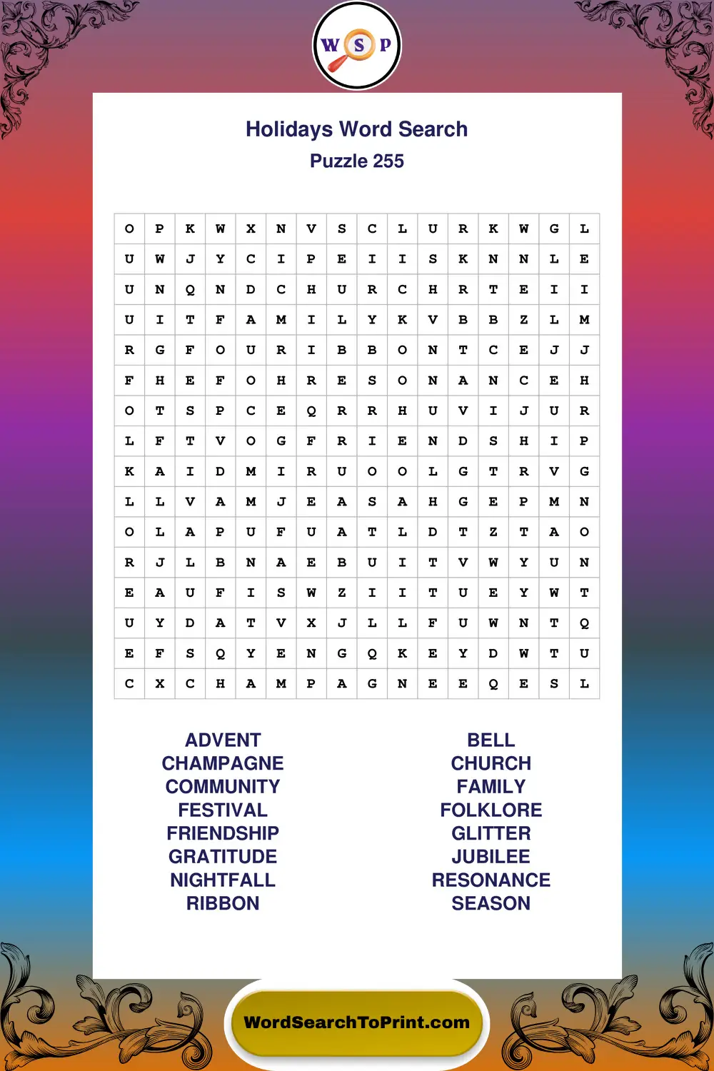 Holidays Word Search Puzzle 255