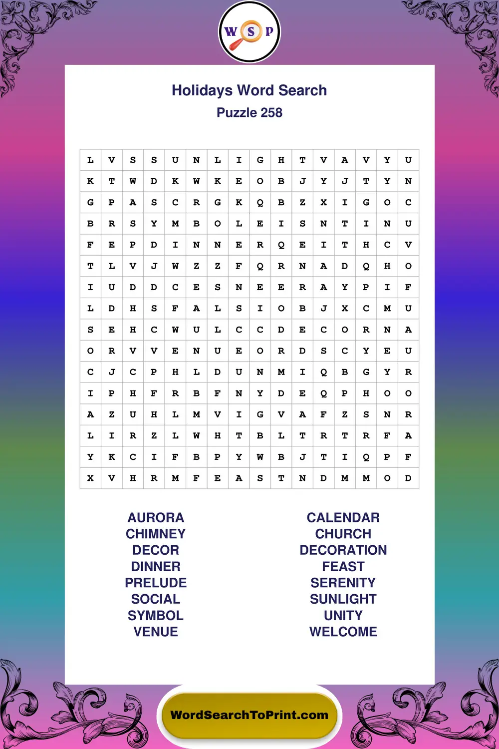 Holidays Word Search Puzzle 258