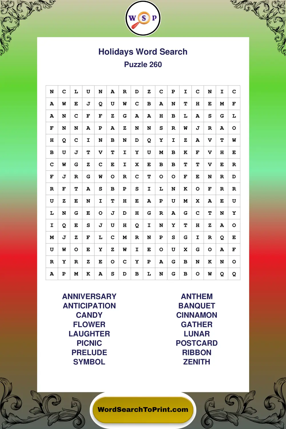 Holidays Word Search Puzzle 260