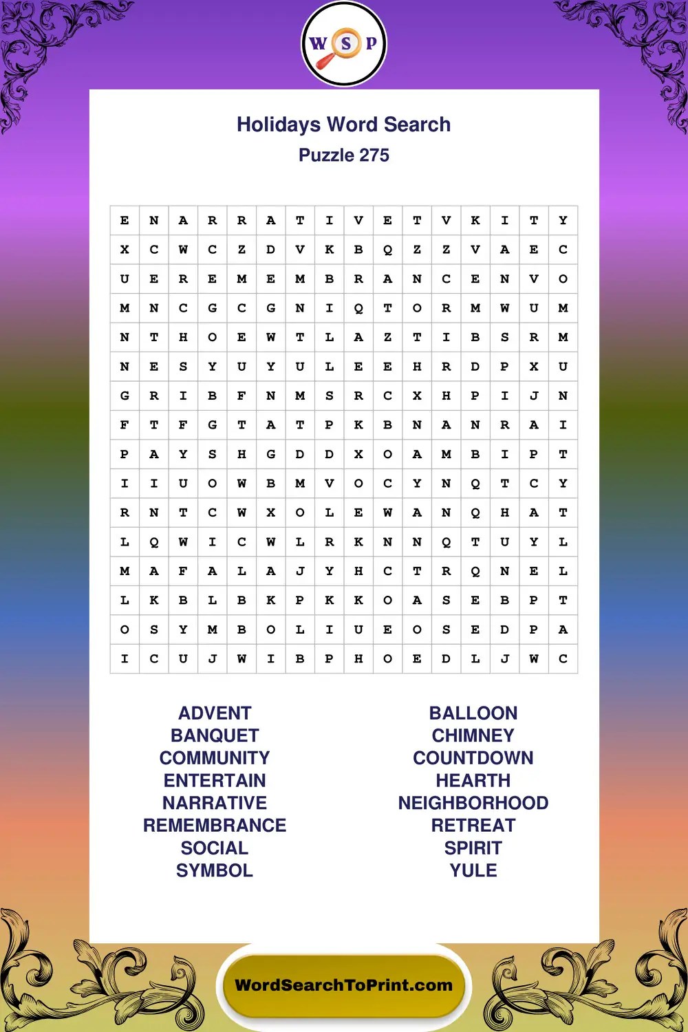 Holidays Word Search Puzzle 275