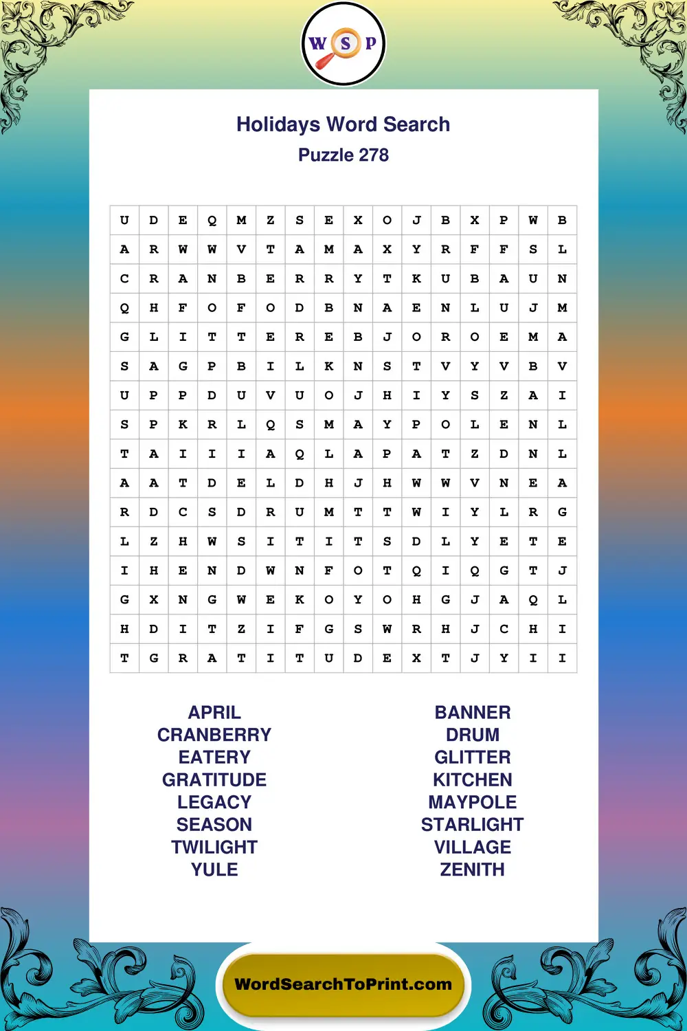 Holidays Word Search Puzzle 278