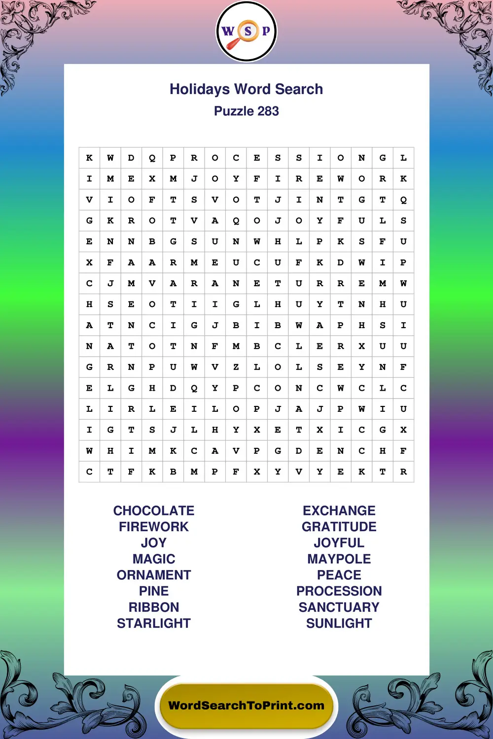 Holidays Word Search Puzzle 283