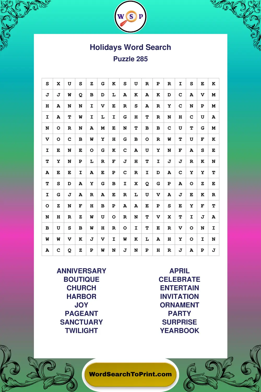 Holidays Word Search Puzzle 285