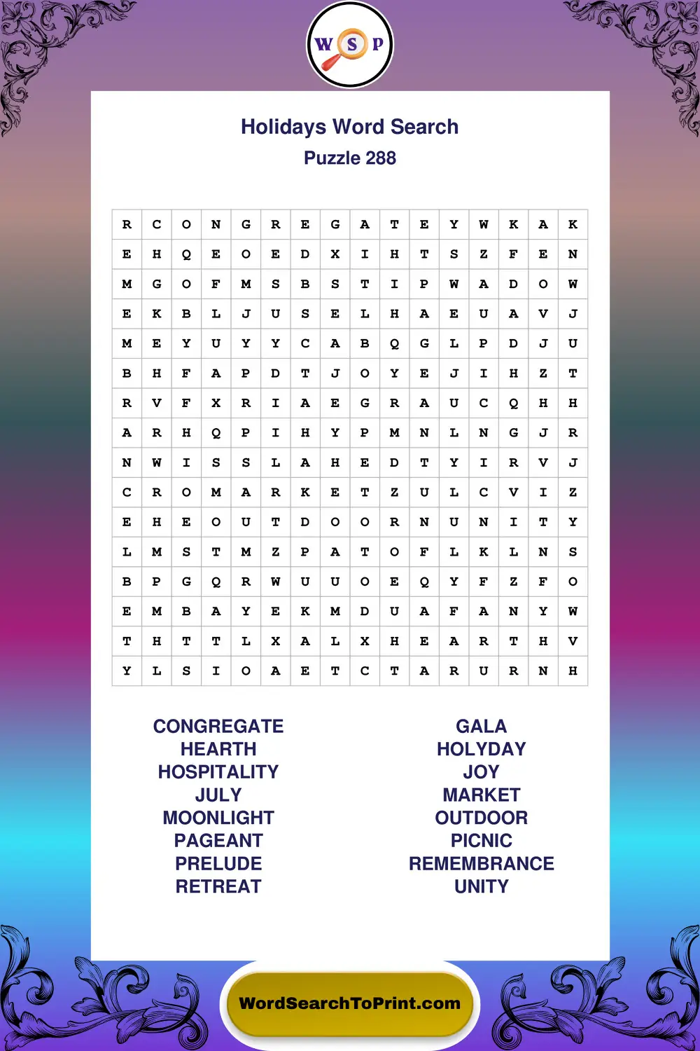 Holidays Word Search Puzzle 288