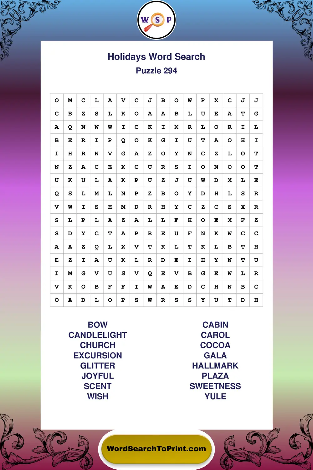 Holidays Word Search Puzzle 294