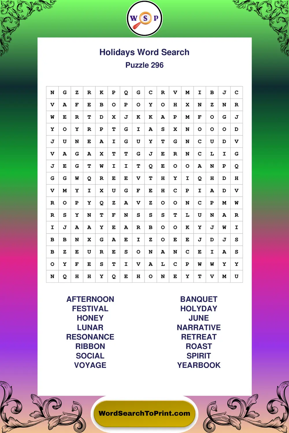 Holidays Word Search Puzzle 296
